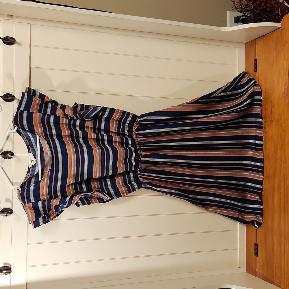 Cinched Waist Flutter Sleeve Striped Dress - Small
